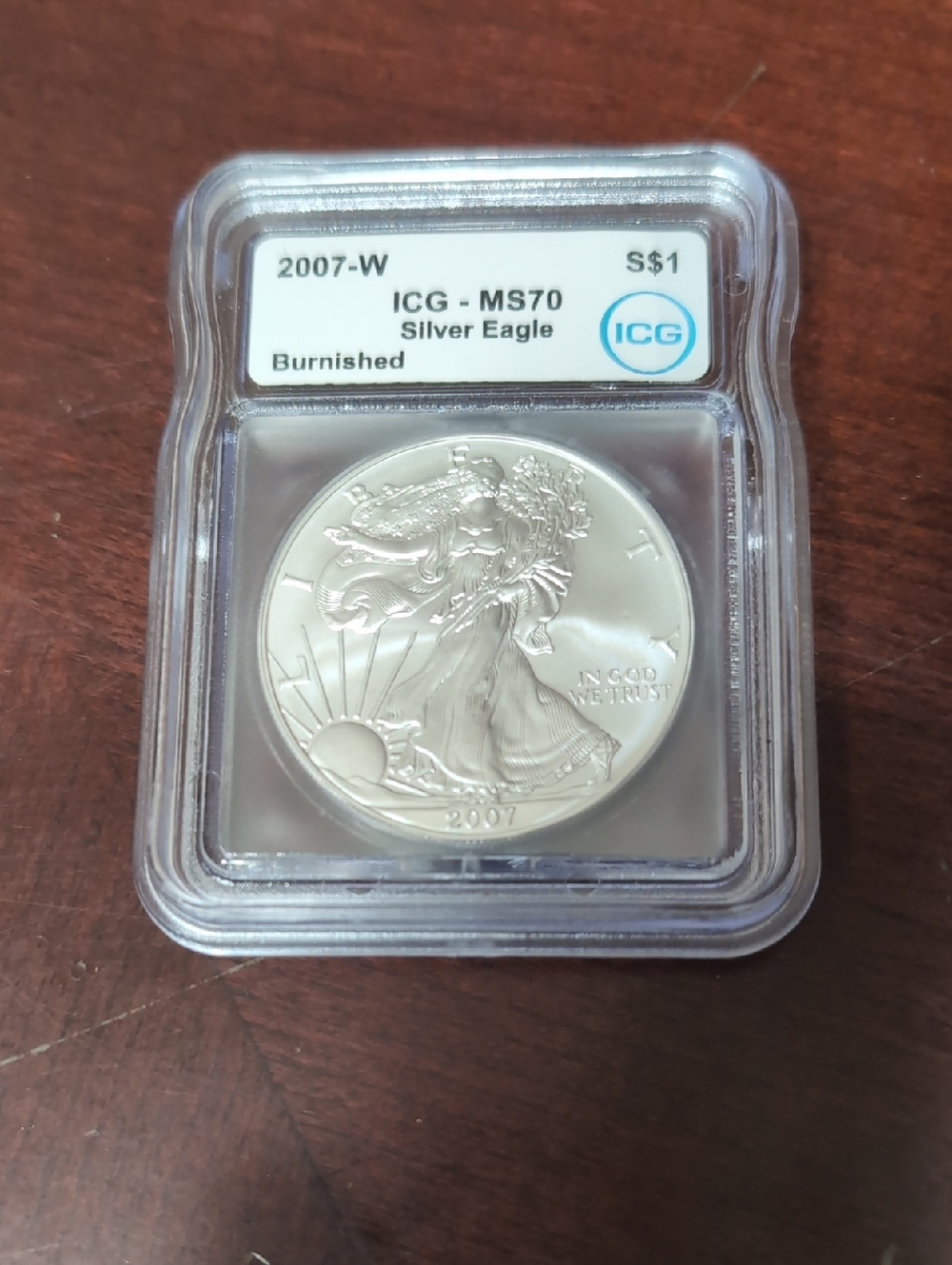 2007-W Silver Eagle MS70 ICG Burnished - 1oz Silver Coin